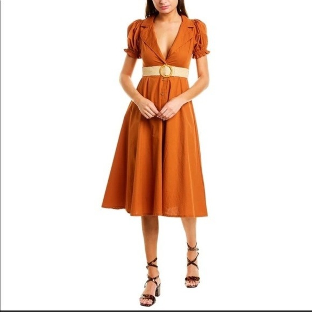 We Wore What Bella Burnt Orange‎ Puff Sleeve Button Front Midi Dress with Belt S